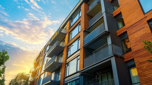Modern apartment building at sunset