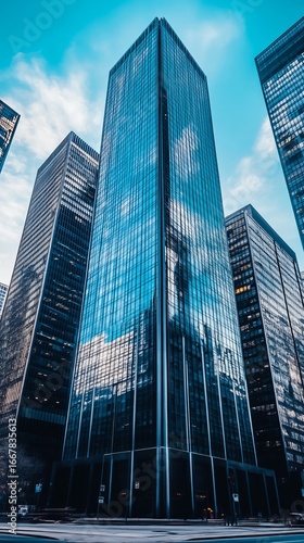 Modern glass skyscraper in urban setting