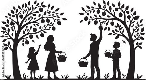 Family apple picking vector illustration - silhouette graphic for crafts, design, and more eps