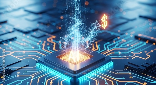 AI-Powered Financial Growth: Futuristic Tech Concept, Abstract, Blue and Orange Hues