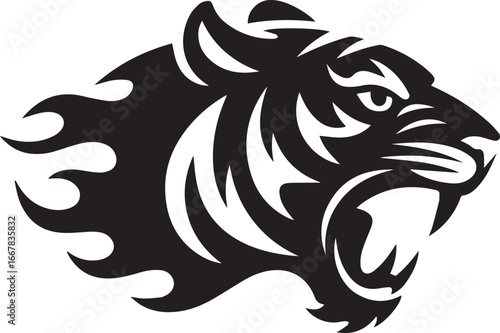 stylized black and white tiger head vector logo with flame elements for sports and branding
