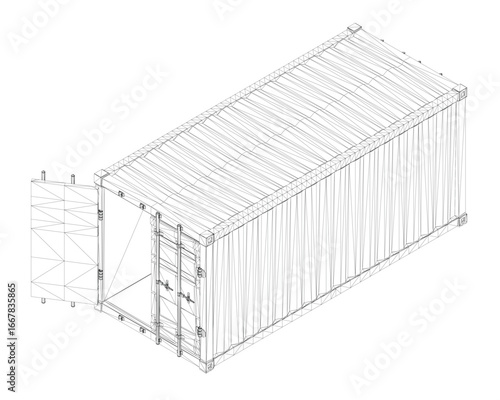 Shipping container wireframe drawing with open door, revealing a spacious interior and detailed structural design.