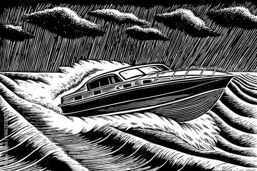 Modern speedboat cutting across waves with powerful motion, sporty black and white sketch.