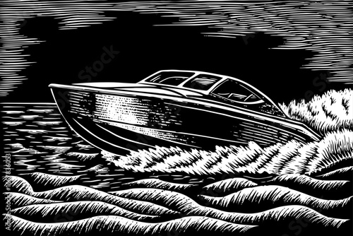 Modern speedboat cutting across waves with powerful motion, sporty black and white sketch.