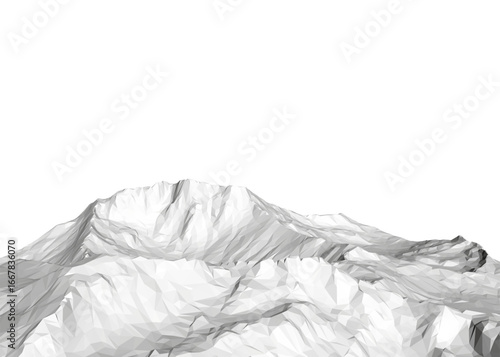 Polygonal mountain terrain in various shades of grey, abstract geometric design with clean white background.