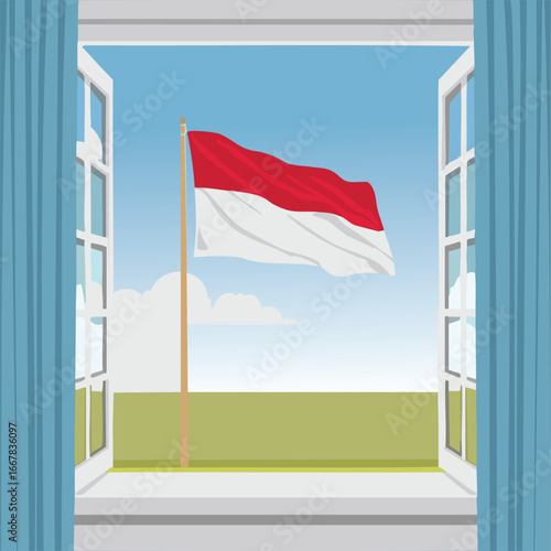 Indonesian Flag Seen from Open Window with Clear Sky Background

