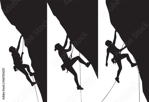 dynamic vector artwork of three climbers practicing ascent on dramatic rock overhang with chalk bags ropes harnesses