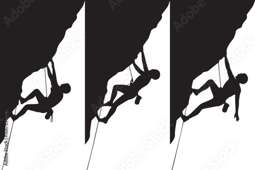 extreme outdoor sports vector showing athletic climbers overcoming rock overhang using safety rope harness and chalk