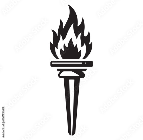 Iconic black and white silhouette of a burning torch with flames for symbolism