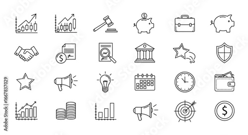 A collection of handdrawn finance and business icons, including graphs, money, legal symbols, and marketing tools, isolated on a