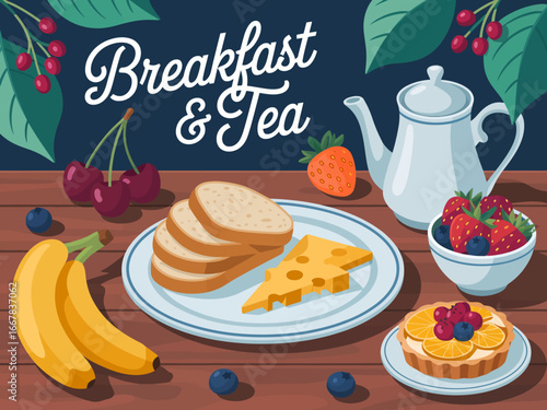 Healthy breakfast composition with fresh fruits bread cheese and tea for a delicious start of the day