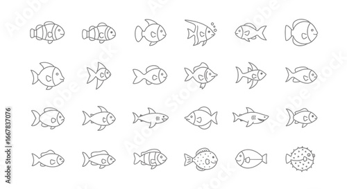 A collection of simple, handdrawn line art illustrations of various fish species, isolated on a, showcasing different shapes and styles of aquatic life in a clean, minimalist design