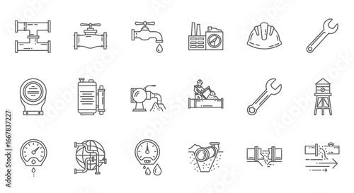 Collection of plumbing and industrial icons, including pipes, valves, faucets, water tower, construction worker, hard hat, and wrenches