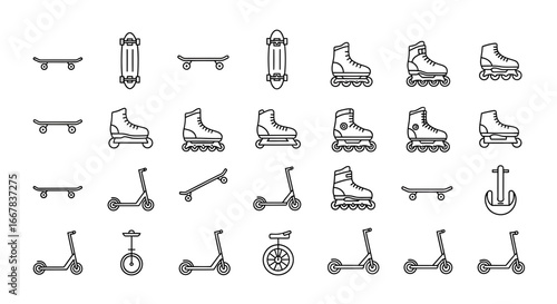 Collection of various wheeled sports equipment and transportation icons, including skateboards, roller skates, scooters, and unicycles, isolated on a