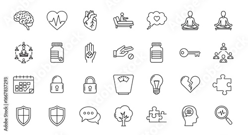 Collection of mental health and wellness icons, including brain, heart, therapy, meditation, pills, scales, and puzzle pieces