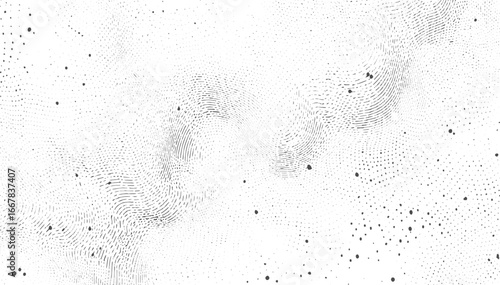 Abstract monochrome pattern featuring flowing wavy lines and scattered dots on a white background.