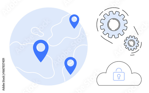 Globe with blue location markers, gears symbolizing process automation, and secured cloud. Ideal for technology, cloud services, cybersecurity, GPS, data access, networking simple flat metaphor