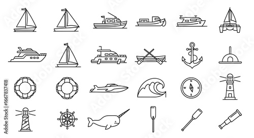 Collection of nautical and marine icons, including various boats, ships, sailboats, yachts, a narwhal, a lighthouse, an anchor, a compass, a lifebuoy, and waves, all isolated on a