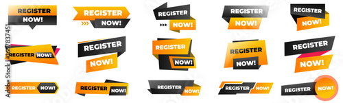 Register Now buttons set. Register now text web banner template with black and orange color for UI UX website, mobile app, media and project. vector EPS 10