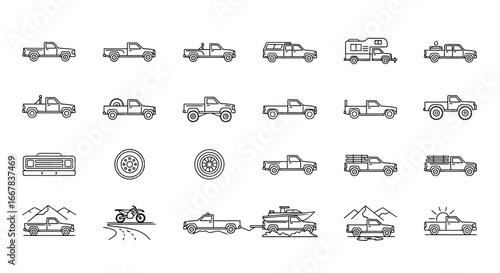 Collection of various truck and vehicle line art icons, showcasing different models and styles including pickup trucks, suvs, and recreational vehicles