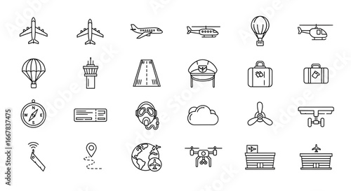 Collection of Air Transport and Travel Line Icons