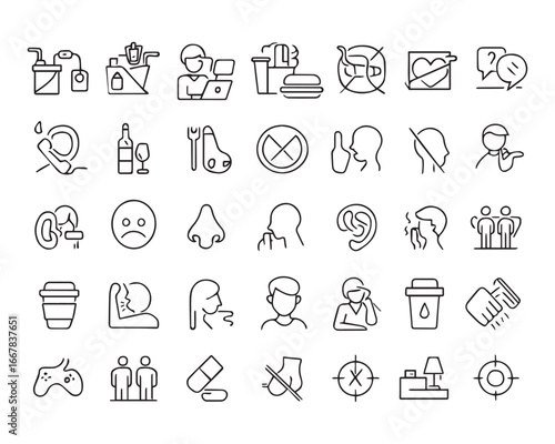 Set of outline icons related to bad habits. Linear icon collection