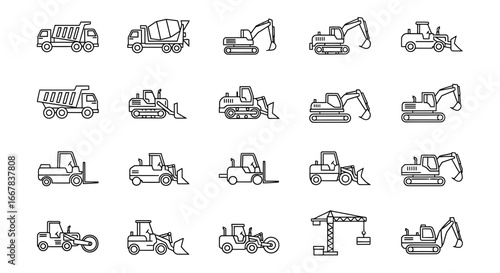 Collection of construction vehicles and heavy machinery icons