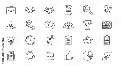 A comprehensive collection of outline icons representing various aspects of business, career development, human resources, and professional success, ideal for modern digital projects