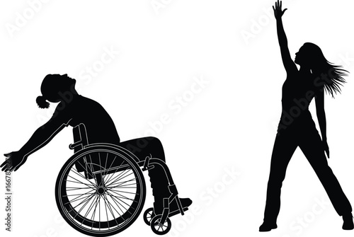Silhouettes of wheelchair user and standing person stretching, vector illustration for disability awareness, inclusion, fitness, movement, and empowerment design