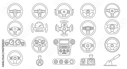 Collection of car steering wheels and automotive controls