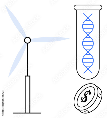 Wind turbine, DNA helix in test tube, coin represent eco-energy, biotech, finance. Ideal for sustainability, technology, bioengineering renewable energy economics innovation progress. Simple flat