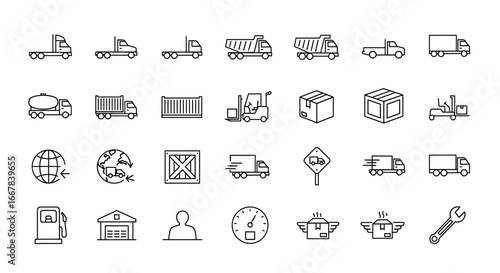 Collection of logistic and delivery icons, including trucks, vans, containers, forklifts, globes, and shipping boxes, isolated on a