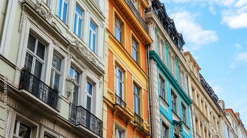 Fototapeta premium Colorful European apartment buildings, various pastel hues, ornate facades, classic architecture