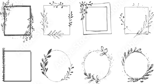 A collection of eight hand-drawn floral frames and borders featuring botanical elements like leaves and branches.