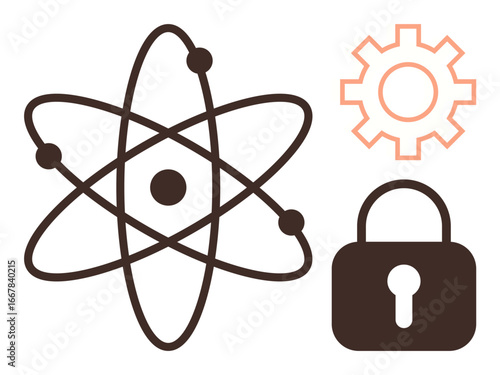 Atom model, gear, and lock symbolize innovation, technology, and security. Ideal for science, cybersecurity, engineering technology research data protection STEM. Simple flat metaphor