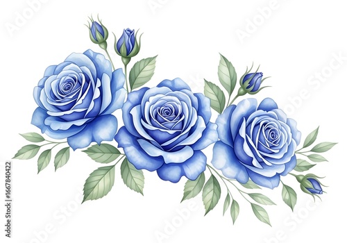 Elegant watercolor blue roses with buds and green leaves arrangement