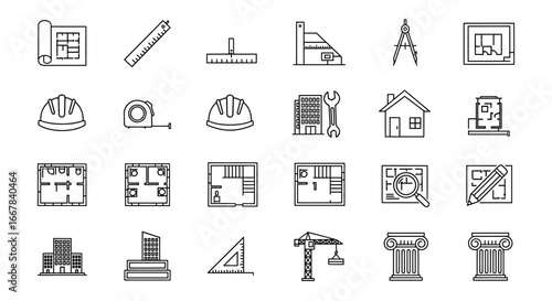 Architectural Planning Line Icons of Blueprints, Tools and Buildings