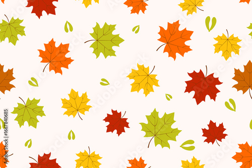 Autumn maple leaves on a light beige background. Seamless pattern under clipping mask, convenient for editing. Flat style. Cheerful autumn background for cover, textile, wrapping paper, wallpaper.