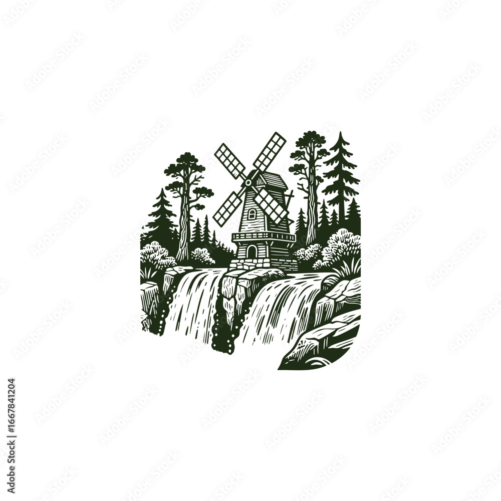 Naklejka premium Engraving logo of a traditional windmill beside a waterfall in a forest landscape flat vector