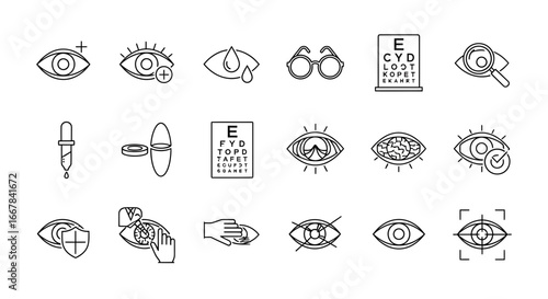 Collection of eye care and vision test icons, including eye exams, contact lenses, eyeglasses, eye drops, and vision charts
