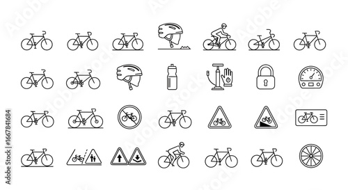 Collection of bicycle icons and symbols, , representing cycling culture, safety, and equipment