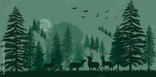 Minimalist seamless pattern of deer silhouettes. This modern, graphic design features a repeating black stag and fawn against a grey background. Perfect for rustic, woodland, and holiday themes.