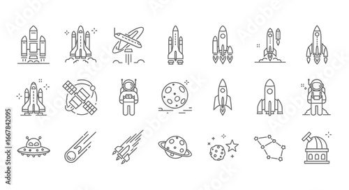 Collection of spacethemed line art icons including rockets, astronauts, planets, satellites, and constellations