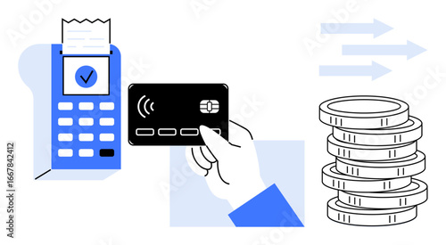 Hand holding card near reader for payment, receipt, coins, and arrow symbolizing transaction flow. Ideal for digital payment, finance, fintech, e-commerce, banking cashless society simple flat