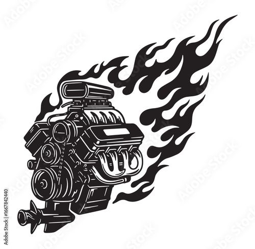 Powerful hot rod engine with flames vector illustration in bold black and white style