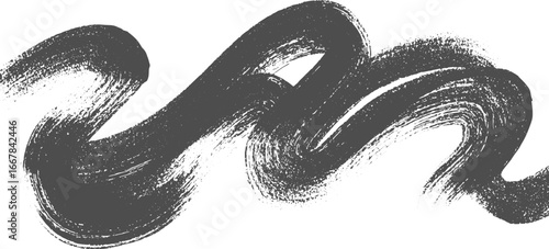 A thick, dark grey brush stroke with a textured appearance on a white background.