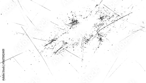 A distressed white background with scattered black ink splatters and thin scratch marks.