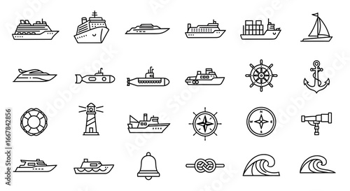 Collection of nautical icons and symbols, including various types of ships, boats, submarines, lighthouses, anchors, lifebuoys, compasses, waves, and other maritime elements, isolated on a