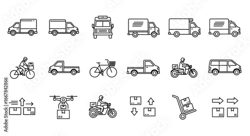 Collection of delivery and logistics icons, including various types of trucks, vans, motorcycles, bicycles, drones, and hand trucks, representing shipping and transportation services