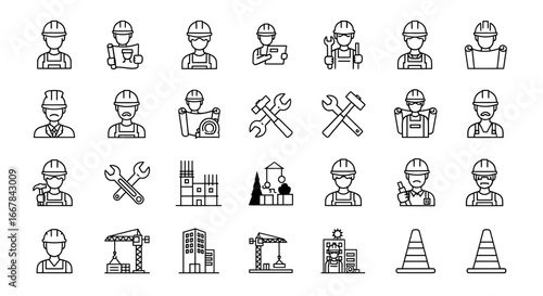 Collection of construction worker icons and building symbols